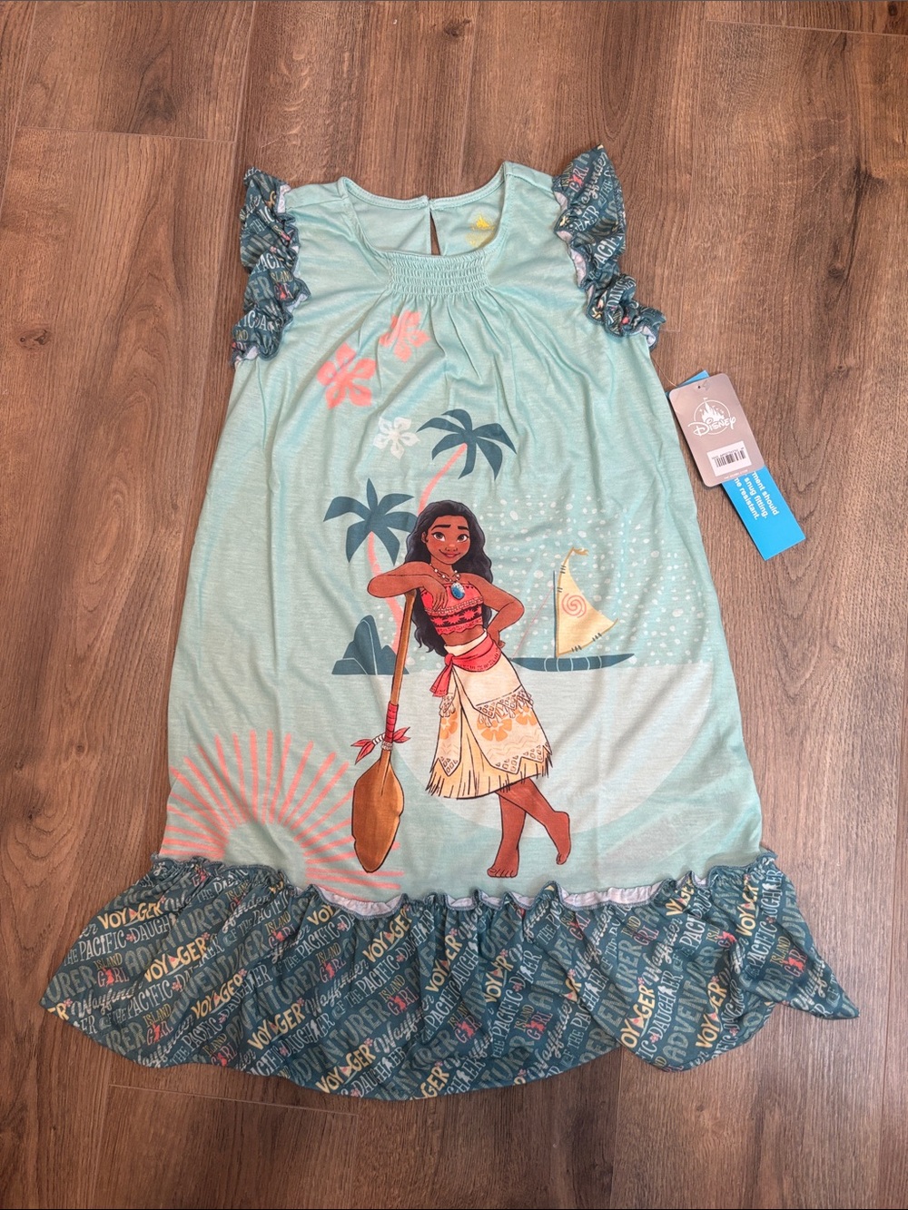 Moana Graphic Nightgown in Aqua with Coral and Tan Accents